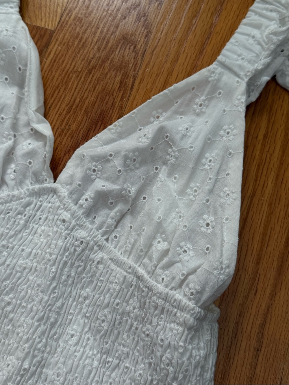 White Eyelet Smocked Womens Mini Dress